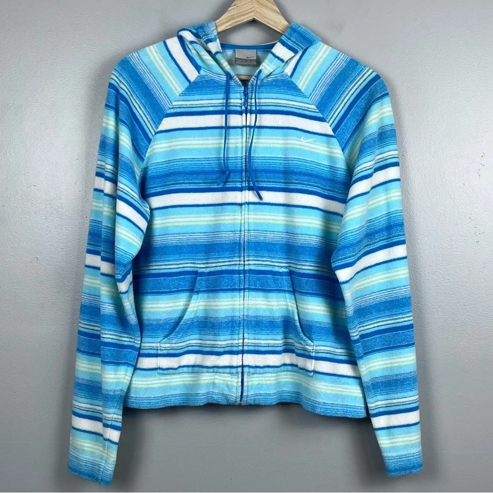 Nike Youth Girls Striped Soft Terry Cloth Full-Zip Jacket Size L; Beach, Casual